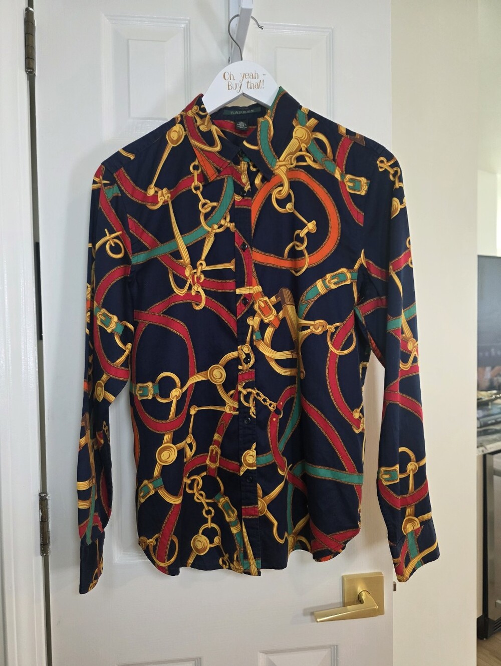 PRISTINE Lauren Ralph Lauren Horsebit Briddle Print Shirt Blouse Size Large Blue